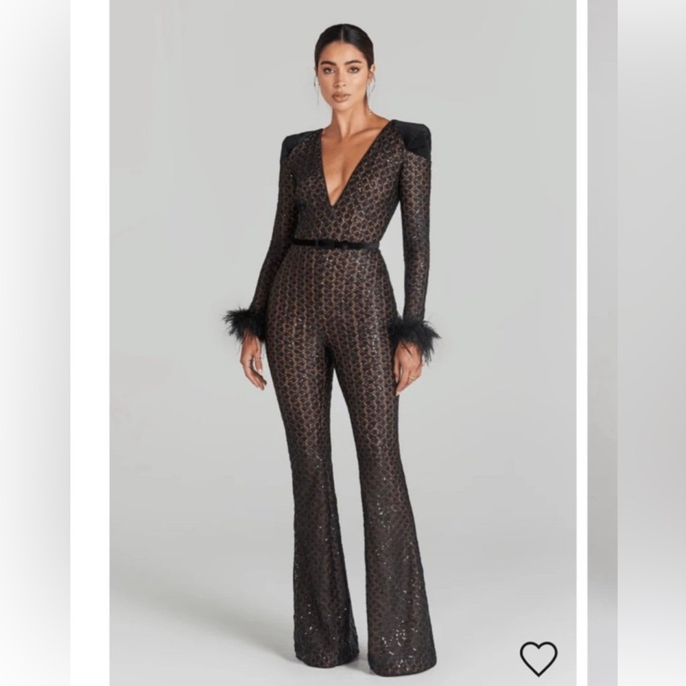 NADINE MERABI Black Sequined Deep V Jumpsuit with Feather Cuffs